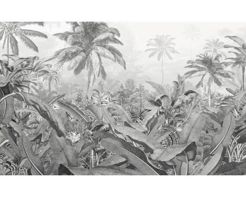 Illustration av en tropisk skogstapet med palmer och stora blad.