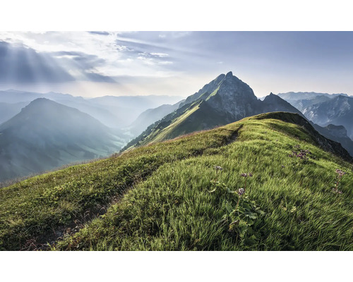 Berglandskap med ängar och bergstoppar