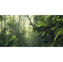 Tät djungel med frodig vegetation och träd