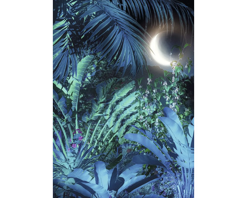 Djungelscen med palmblad och halvmåne