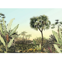 Illustration av ett tropiskt landskap med palmer och frodig vegetation.