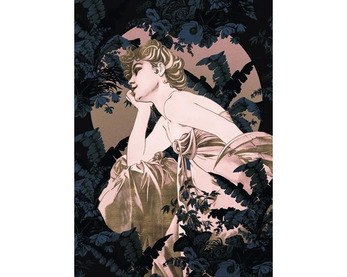 Illustration av en elegant, eftertänksam kvinna i en blommig ram