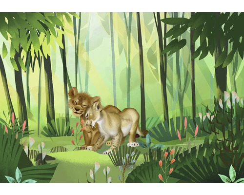 Illustration av en lejonfamilj i skogen
