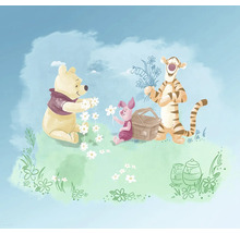 Illustration med Nalle Puh, Nasse och Tiger som plockar blommor för en picknick