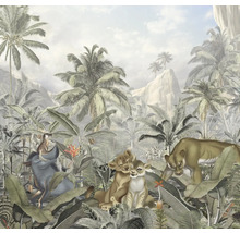 Illustration av ett djungellandskap med lejon, vårtsvin, apor och tropiska växter