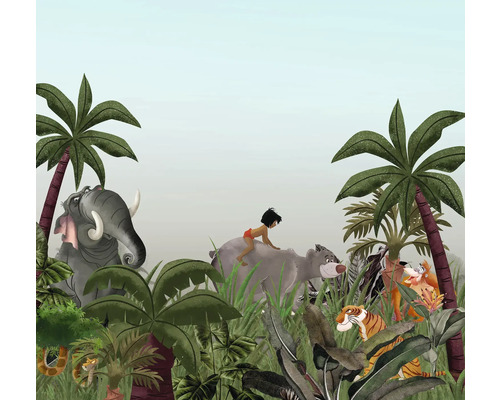 Djungelscen med Mowgli, Baloo, Shere Khan, orm och elefant bland tropiska växter som väggdekoration