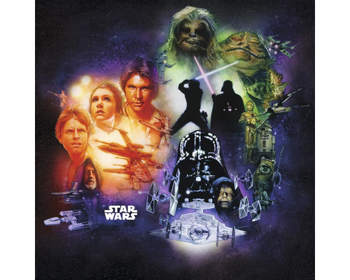 Star Wars collage med olika karaktärer och rymdskepp