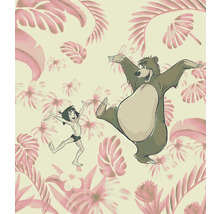 Illustration av Mowgli och Baloo mot en blommig bakgrund