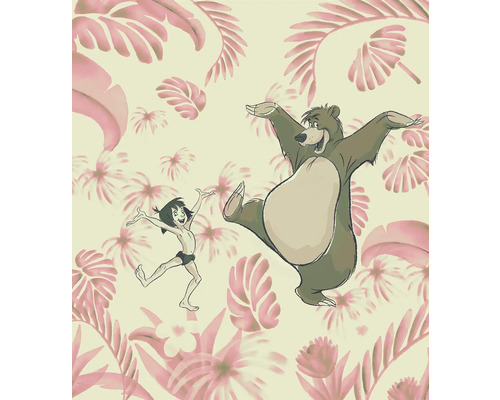 Illustration av Mowgli och Baloo mot en blommig bakgrund