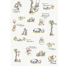 Illustration av Nalle Puh och hans vänner på en randig bakgrund