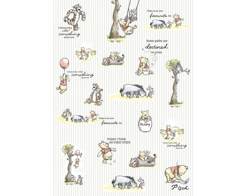 Illustration av Nalle Puh och hans vänner på en randig bakgrund