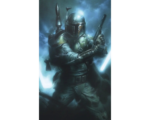 Målning av Boba Fett med hjälm och vapen