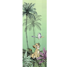 Illustration av ett lejonunge med palmer och en fågel