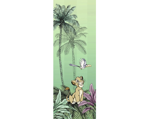 Illustration av ett lejonunge med palmer och en fågel