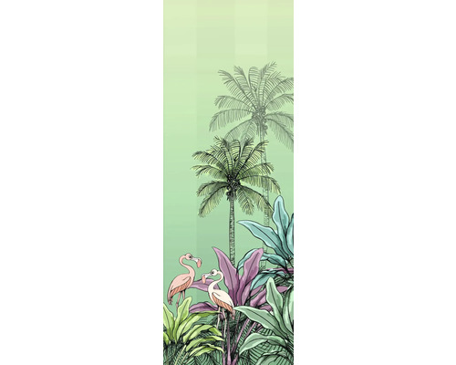 Illustration med palmer, tropiska växter och flamingos