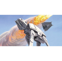 Illustration av en AT-AT stridsvandrare med rymdskepp i bakgrunden