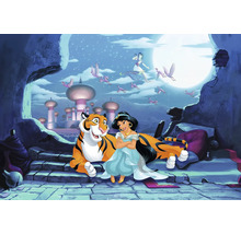 Aladdin scen med Jasmine, tiger och flygande matta framför månen