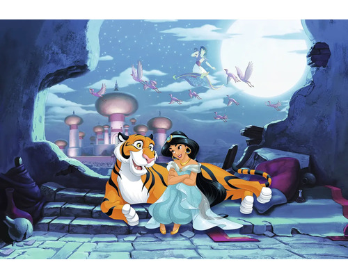 Aladdin scen med Jasmine, tiger och flygande matta framför månen