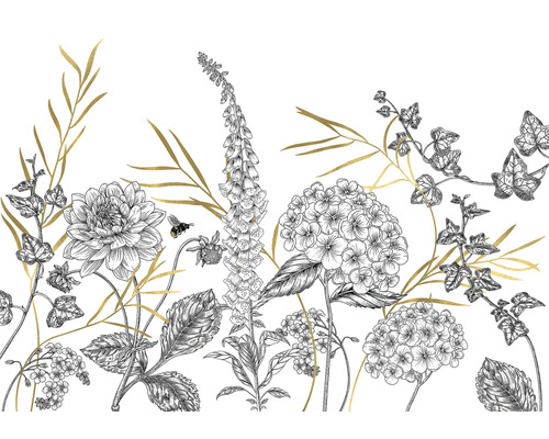 Dekorativ tapet med blommönster av dahlior, fingerborgsblommor och hortensior