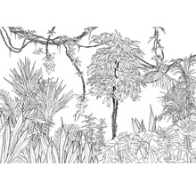 Illustration av en tropisk djungelscen med olika växter