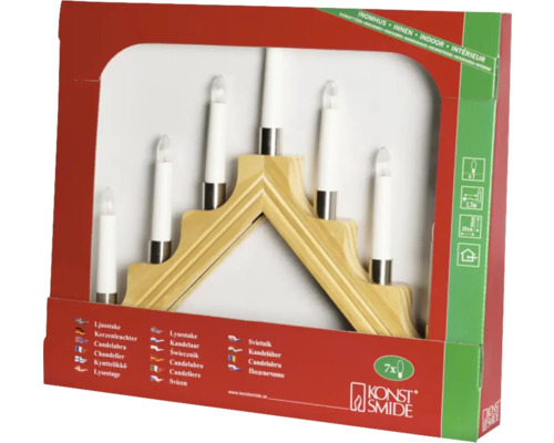 Dekorativ ljusram med sju lampor i produktförpackning.