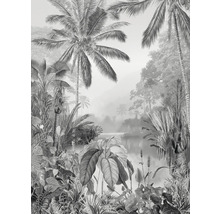 Illustration av ett tropiskt landskap med palmer och frodig vegetation