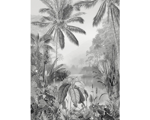 Illustration av ett tropiskt landskap med palmer och frodig vegetation
