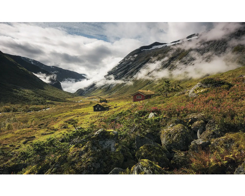 Landskap med berg, dalar och stugor