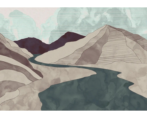 Illustration av ett bergslandskap med en flod