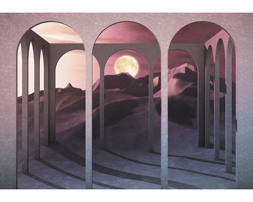 Illustration med ökenlandskap, måne och kolonnvalv