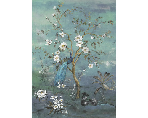 Dekorativ väggmålning med påfågel och blommotiv
