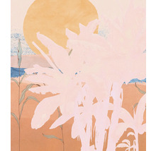 Illustration av ett kustlandskap med sol och vegetation