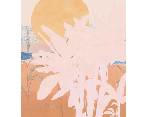 Illustration av ett kustlandskap med sol och vegetation