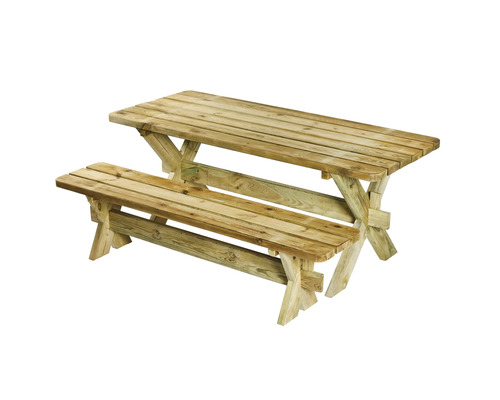 Trädgårdsbord i trä med integrerade bänkar för utomhusbruk