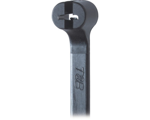 Buntband TY-RAP Ståltunga svart 284x3.6mm 100st Detaljbild av en buntband med låshuvud och T och B markering.