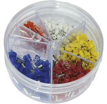 Ändhylsor sorterade efter storlek i en transparent plastlåda