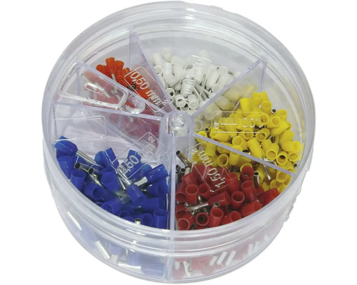 Ändhylsa NEMIQ 0.5-2.5mm² 400st Ändhylsor sorterade efter storlek i en transparent plastlåda