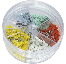 Ändhylssortiment i en transparent förvaringslåda