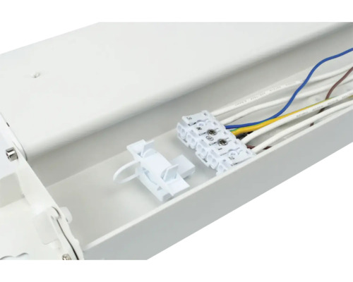 Inre vy av en lamphållare med anslutningsklämmor och elektriska kablar.