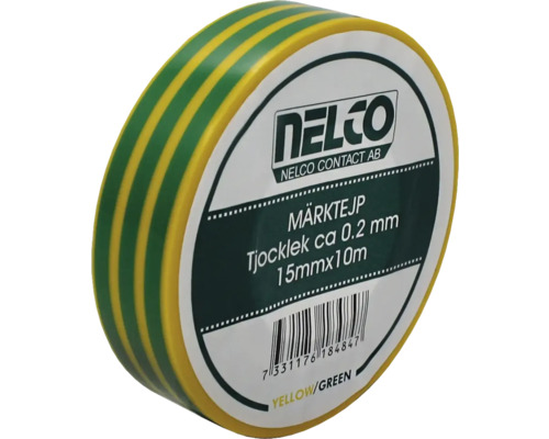 Märktejp NEMIQ grön/gul 15mmx10m Gulgrön isoleringstejp rulle