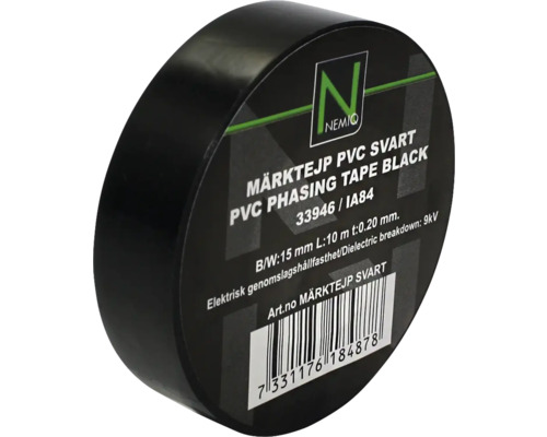 Märktejp NEMIQ svart 15mmx10m Rulle svart PVC isoleringstejp med 15 millimeter bredd och 10 meter längd