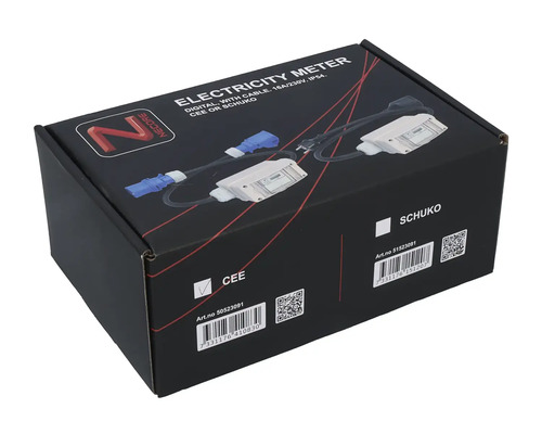 Förpackning för en digital elmätare med kabel och CEE- eller Schuko-kontakt