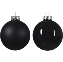 Två svarta julgranskulor med matt och blank yta