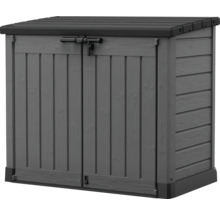 Grå redskapslåda med låsbara dörrar för utomhusbruk