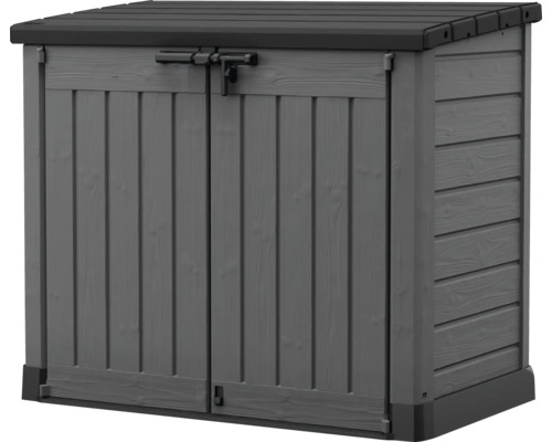 Grå redskapslåda med låsbara dörrar för utomhusbruk