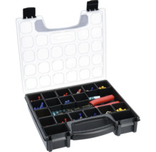 Öppen verktygslåda med diverse elektriska kontakter och verktyg