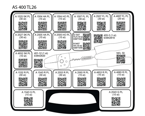 Sortimentslåda AS 400 TL26 med olika insatser och en crimptång