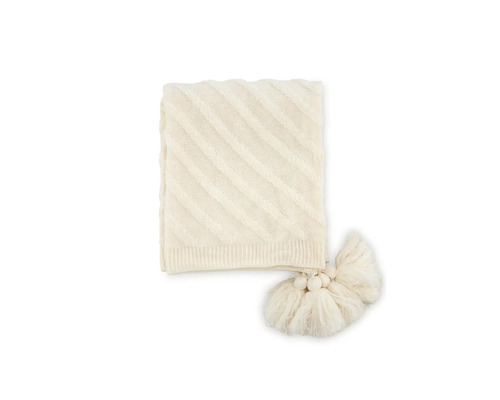 Vikt överkast med kabelstickat mönster och tofsar