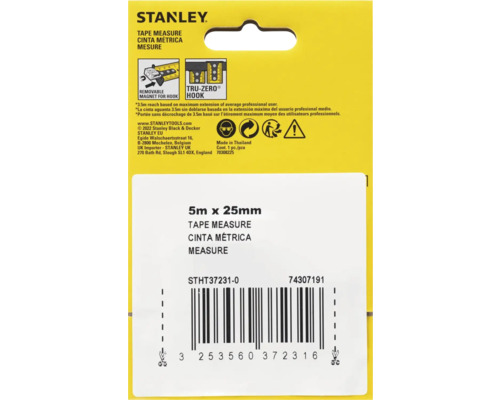 Stanley Logo. Måttband, 5 meter gånger 25 millimeter, med avtagbar magnet för krok och Tru-Zero-krok.