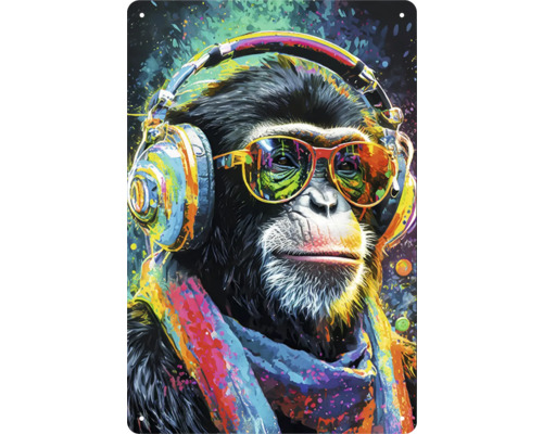 Plåtskylt apa 30x20 Metallskylt med färgglad apa med hörlurar och glasögon